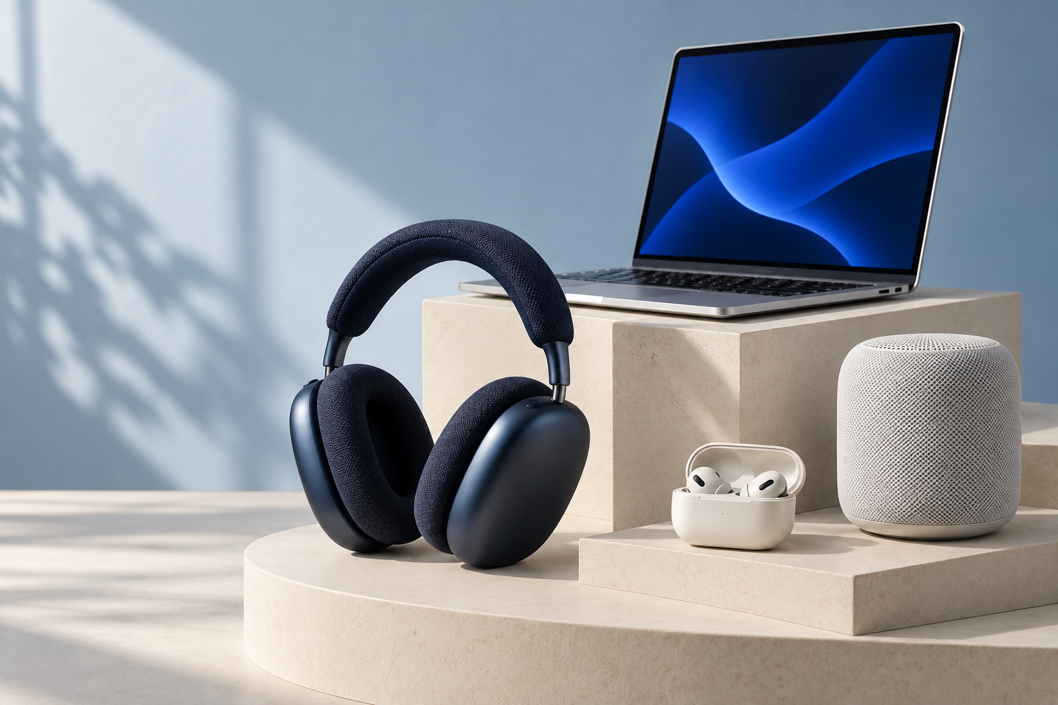 A considered collection of headphones, laptop, speaker and earbuds